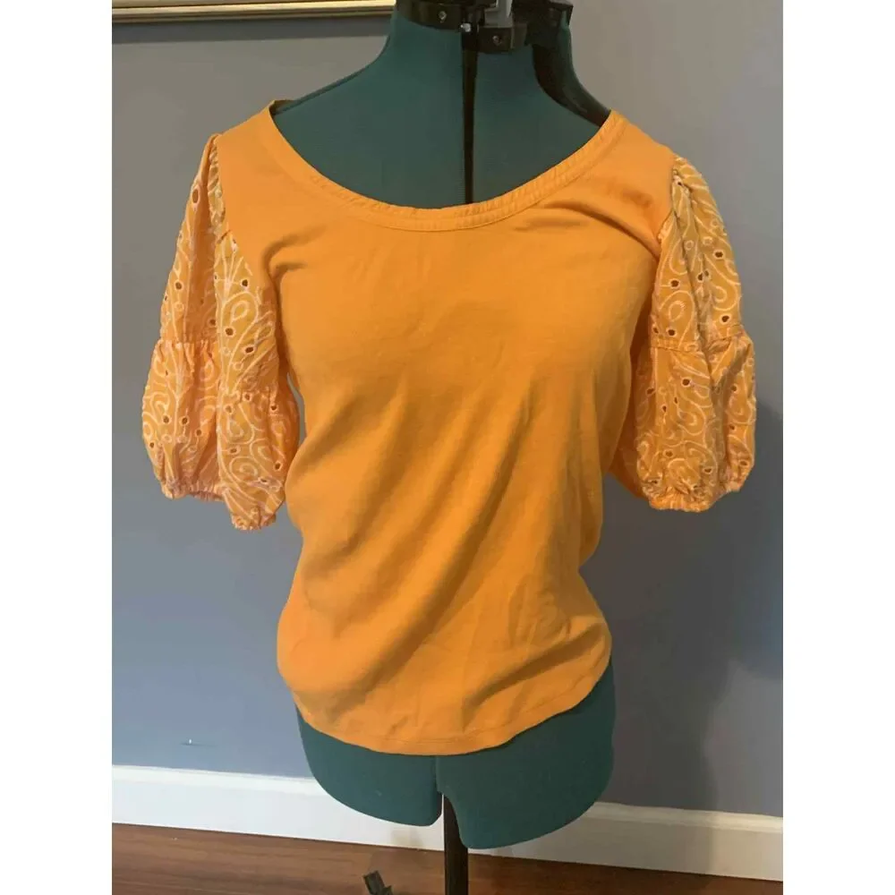 LOFT Yellow Ribbed Eyelet Puff Sleeve Blouse, Size M